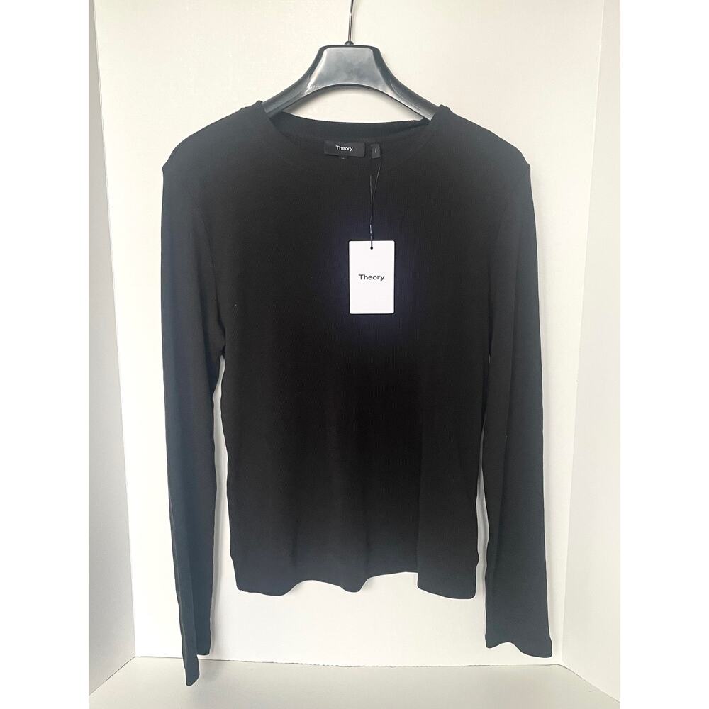 Theory Tiny Tee Long Sleeve Crew Neck Black Rib Knit Top Fitted XL - Picture 2 of 10